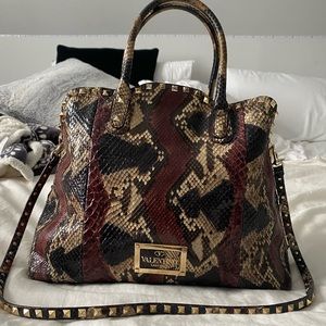 VALENTINO Red/Black Snakeskin Rockstud Double Handle Tote Bag Limited Edition